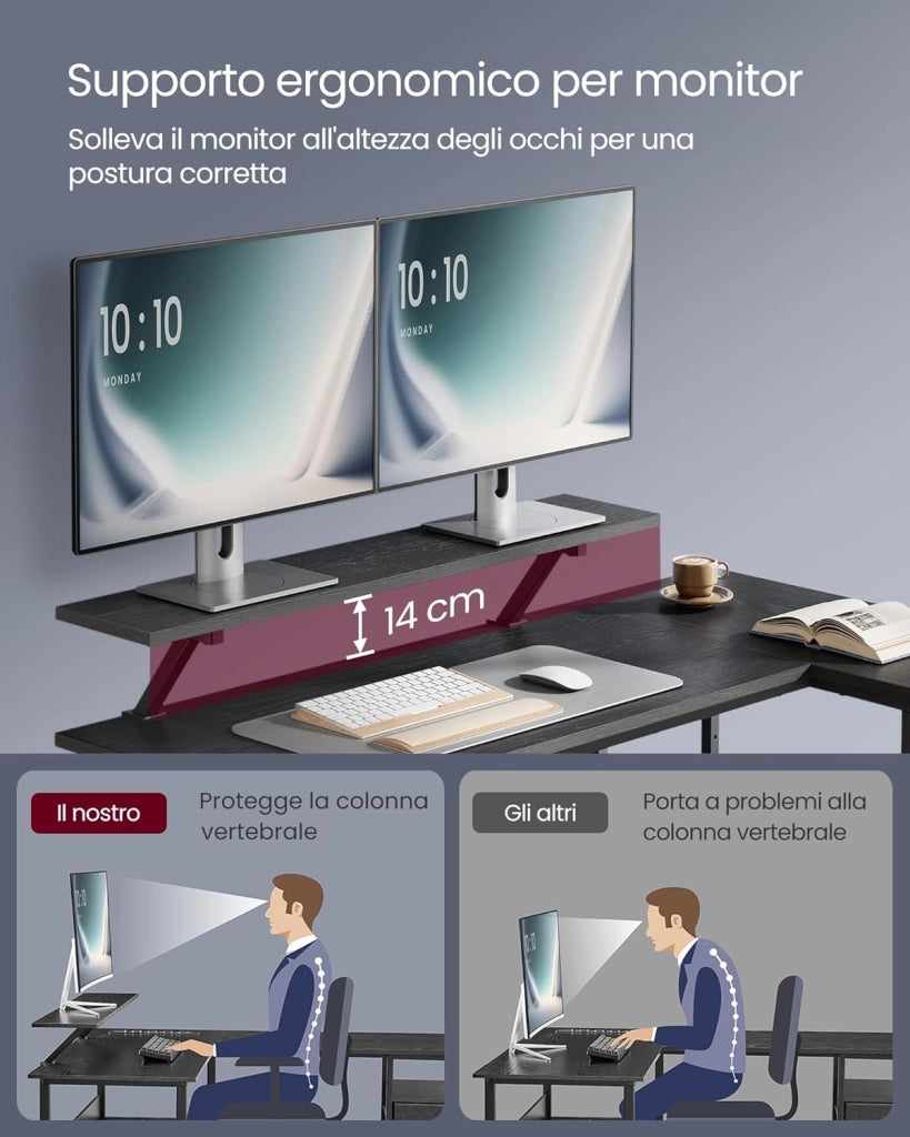 VASAGLE Scrivania per Computer a L, Scrivania ad Angolo con 2 Cassetti Spaziosi e Supporto per Monitor, Ripiano Regolabile, per Ufficio Studio, Nero Ebano LWD098B56