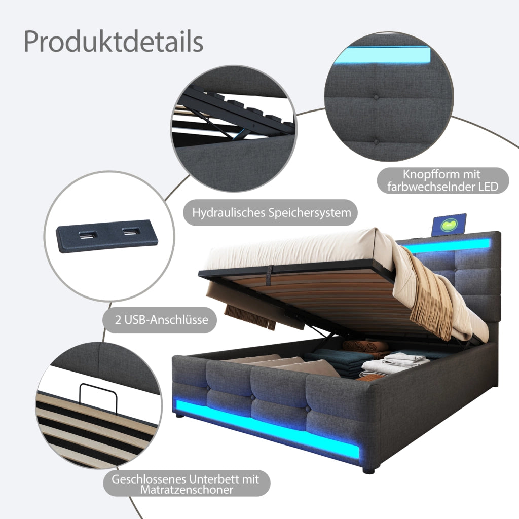 LETTO Imbottito 90x200 cm Grigio con LED RGB e porte USB
