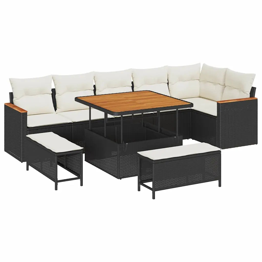 Set Divano da Giardino con cuscino 9 pcs Nero Poly Rattan