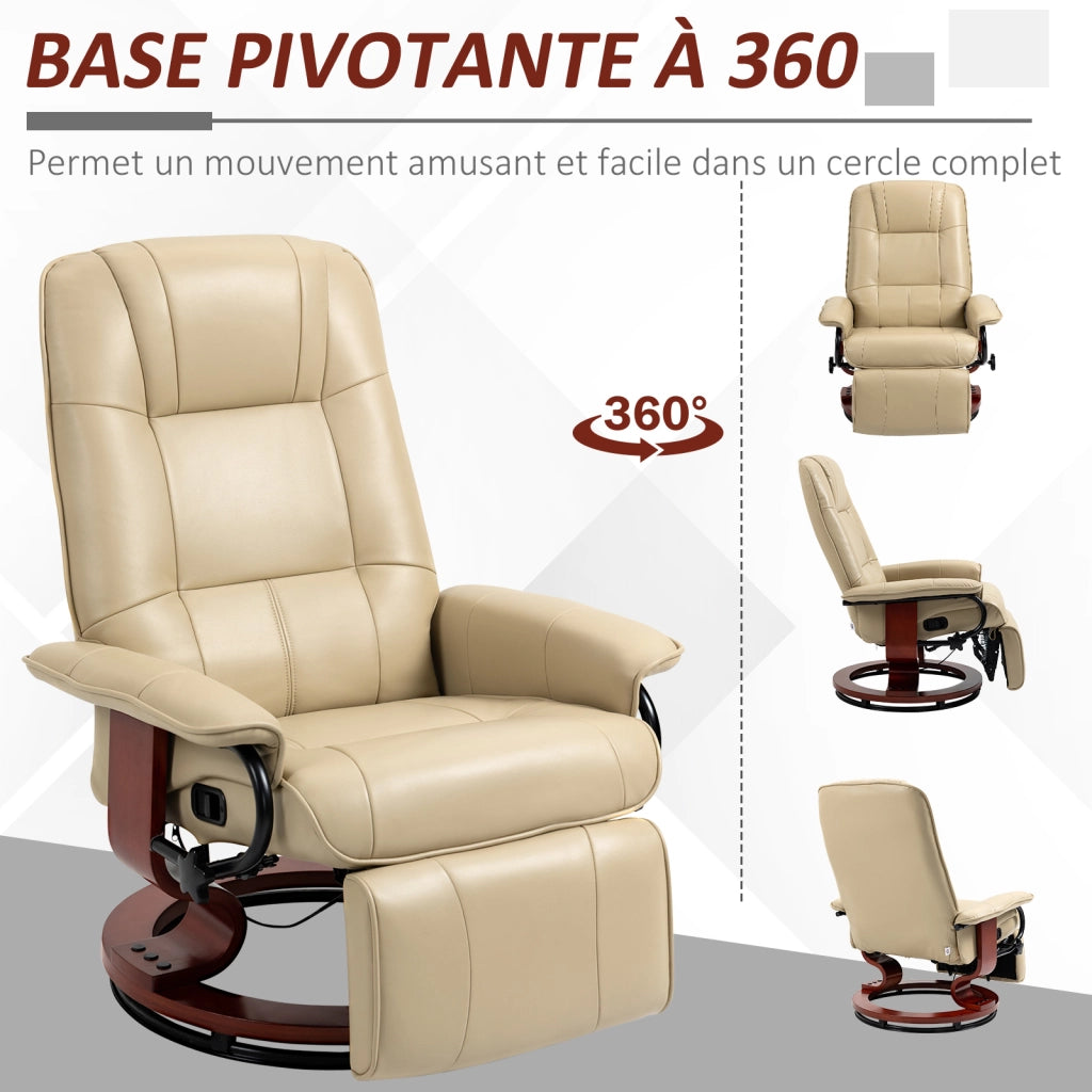 Poltrona relax reclinabile girevole con poggiapiedi ¨C zephmum ¨C crema, rivestimento sintetico, gambe in legno