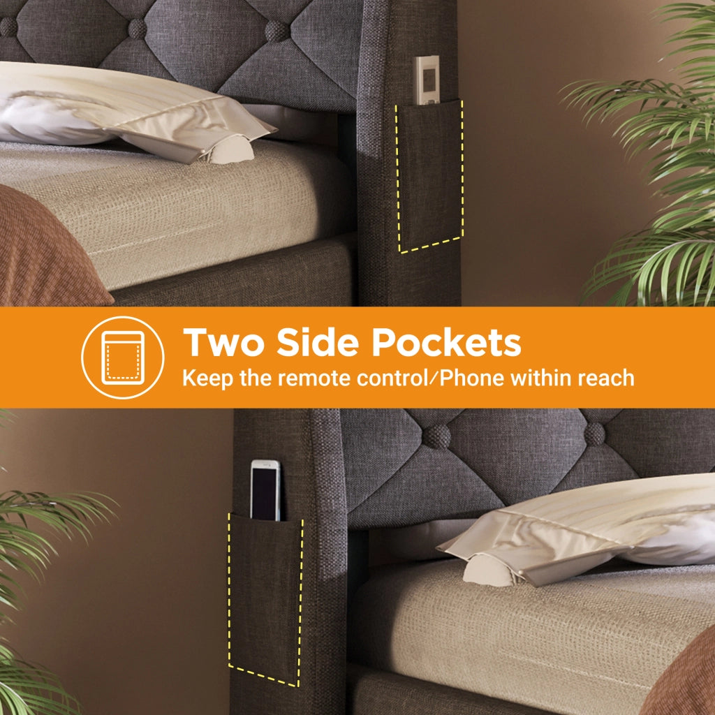 DESMIU Lit coffre 180 × 200 cm 2 posti con LED, USB e Type-C, senza materasso, in lino grigio