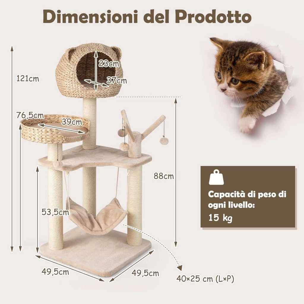 Tiragraffi per Gatti Adulti, Albero Tiragraffi con Cuccia, Piattaforma, Cuscini e Tiragraffi, Torre per Animali Domestici in Legno, 49,5 x 49,5 x 121 cm