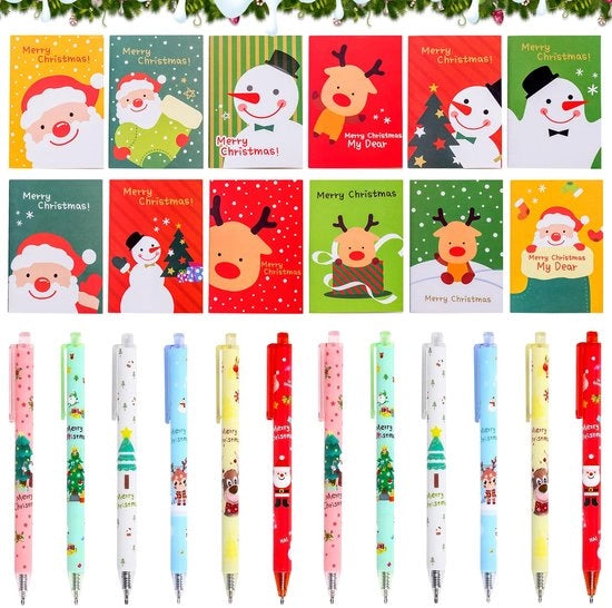 Set di pennarelli di Natale, 12 pennarelli di Natale cartoon + 12 blocchi di appunti mini di Natale, set di materiali per scrivere, set di scrittura di Natale, regalo di Natale per scuola, ufficio, famiglia, festa di Natale
