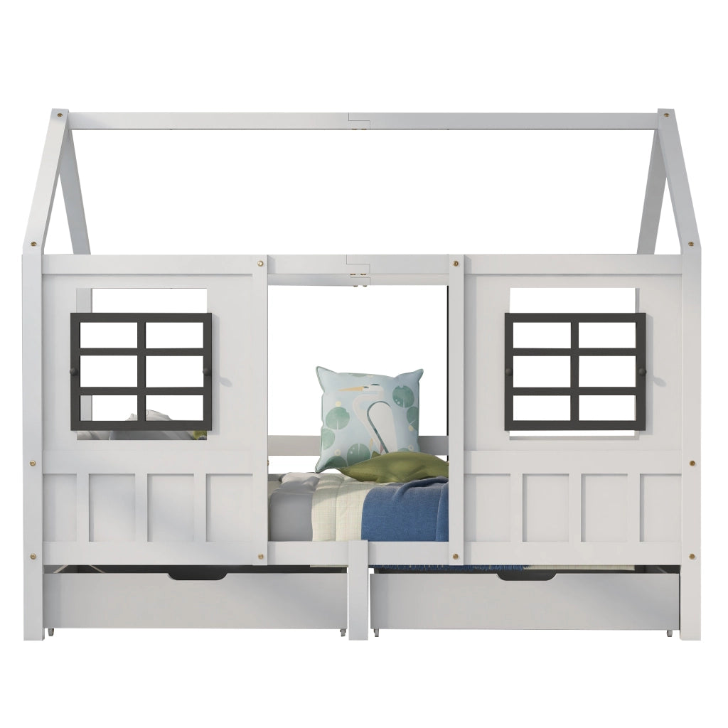 OKWISH Letto a casetta 200×90 cm, Letto Singolo con 2 Cassetti, 2 Finestre e Sponde di Sicurezza, senza Materasso, in Legno, Bianco