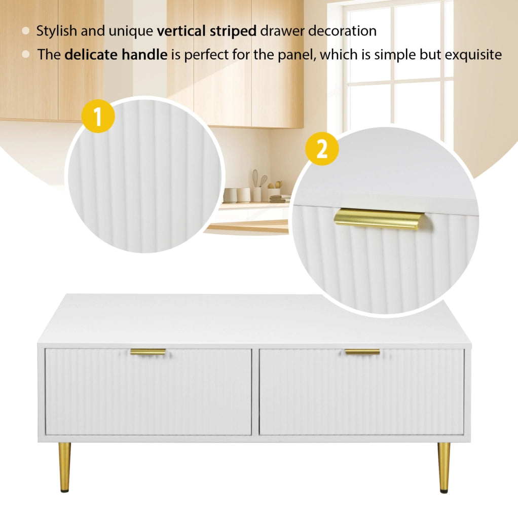 Tavolino da caffè moderno 100x50x40 cm con 2 cassetti in MDF bianco e oro