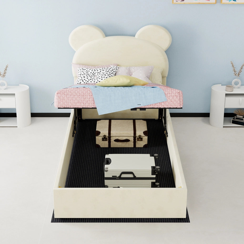 Letto per cameretta 90x200 cm con contenitore pneumatico in tessuto beige