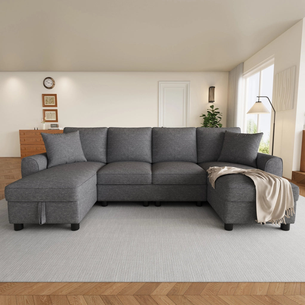 Divano a U in ciniglia grigio con vano contenitore, 280x137x84 cm
