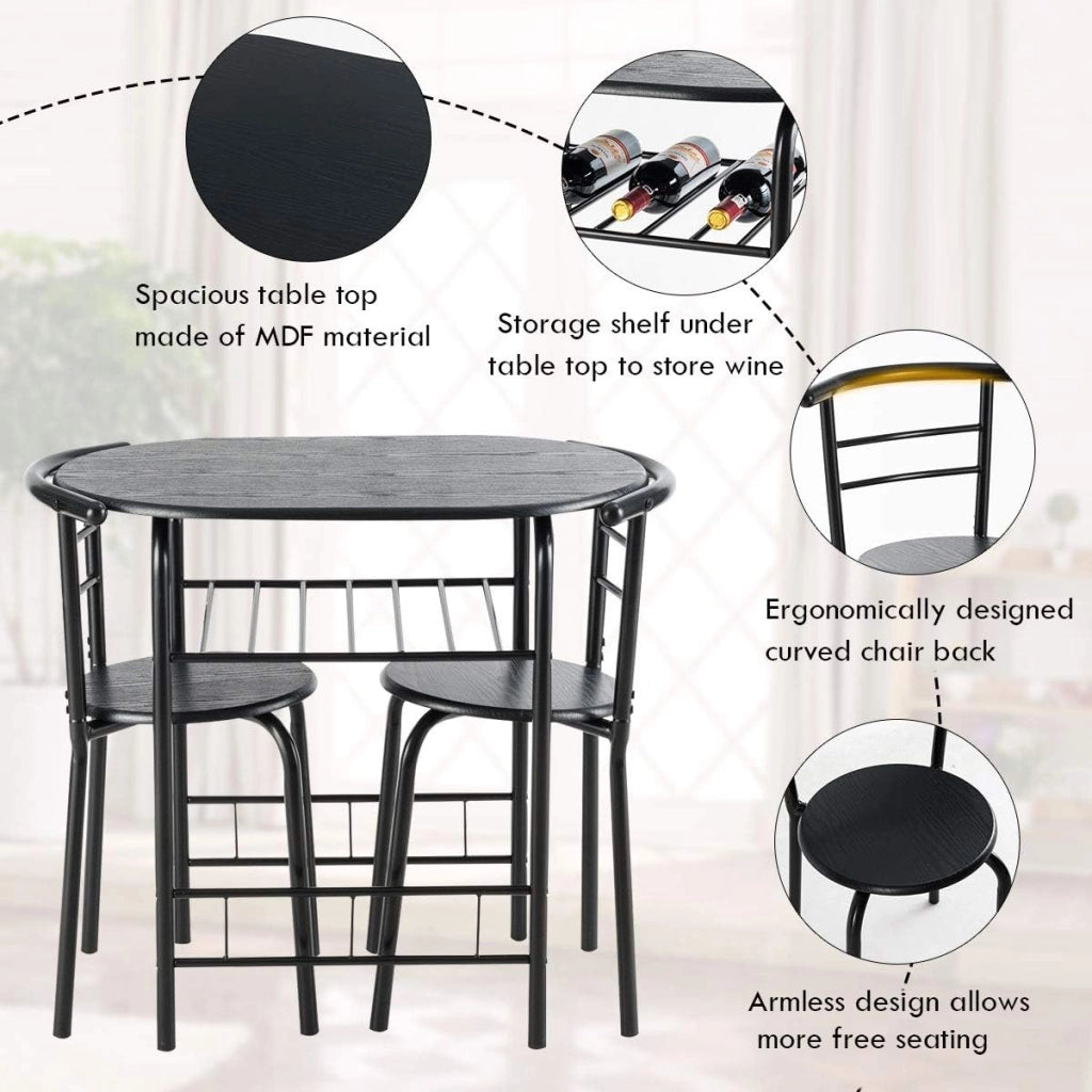 Set di 3 Pezzi da Giardino, Set Tavolo e Sedie, Tavolo con 2 Sedie, Set Mobili da Esterno, Ideale per Cucina, Balcone, Caffetteria, Giardino e Terrazza, Moderno (Nero)