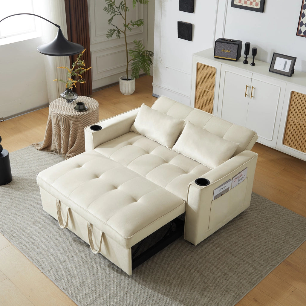 OKWISH Divano Letto 2 Posti, Schienale Regolabile a 3 Posizioni con Portabicchieri, Tasche Laterali e Cuscini, Velluto Beige