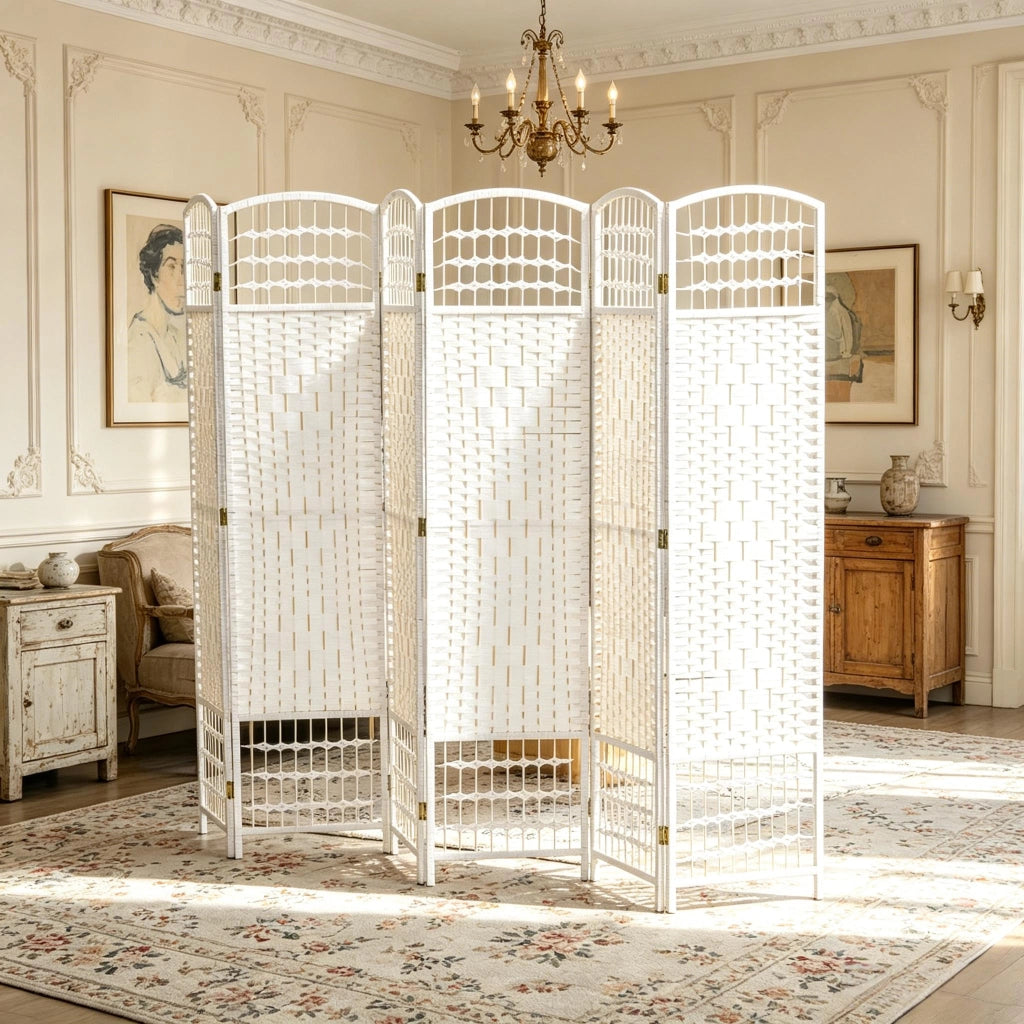 PARAVENTO Pieghevole a 6 Pannelli 242x170 cm Bianco in Carta e Legno Massello