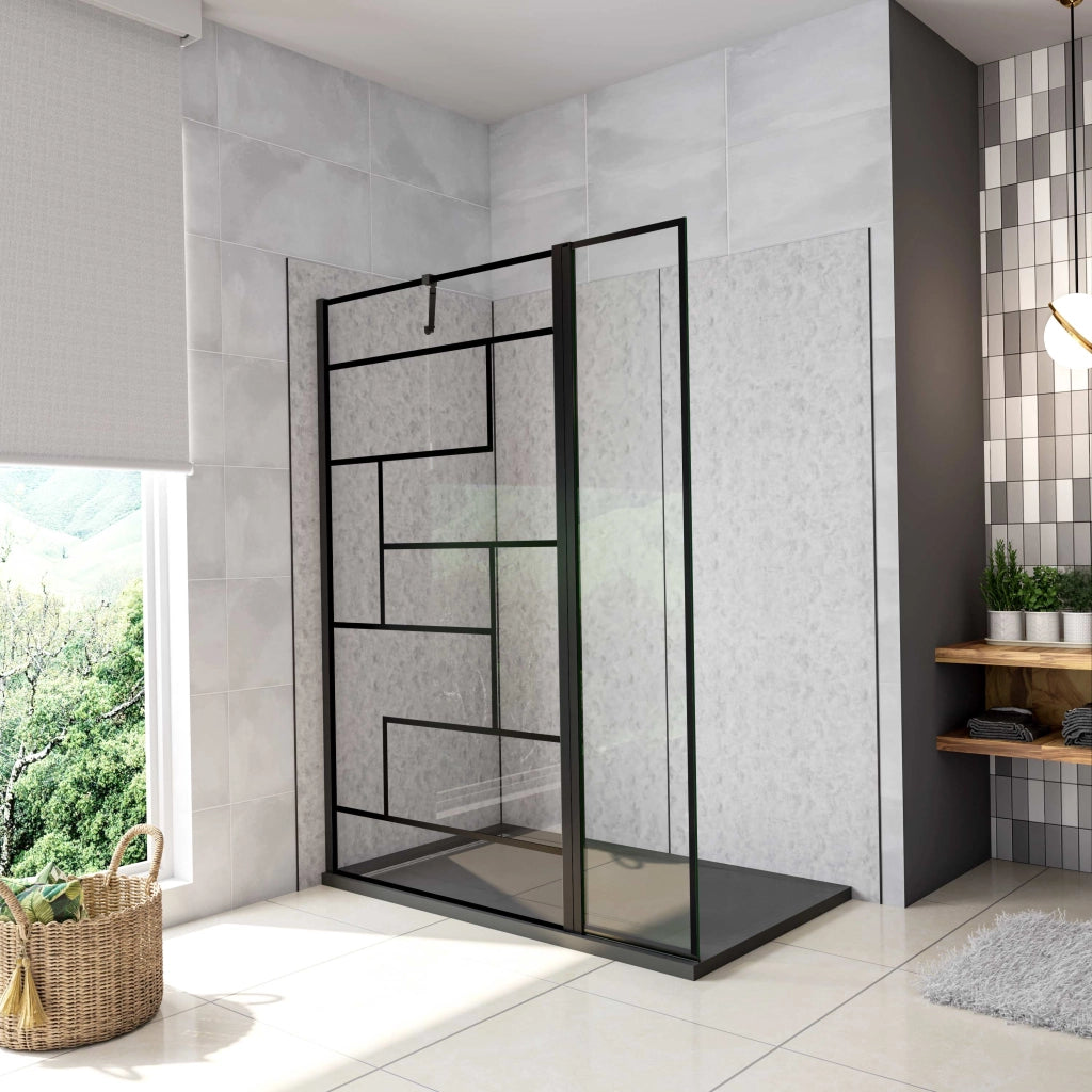 Box Doccia Walk in 150x200cm Parete Fissa 110cm + Paretina 40cm Vetro 8 mm Temperato Anticalcare Serigrafato Nero Riquadri Barra Stabilizzatrice 73-120cm