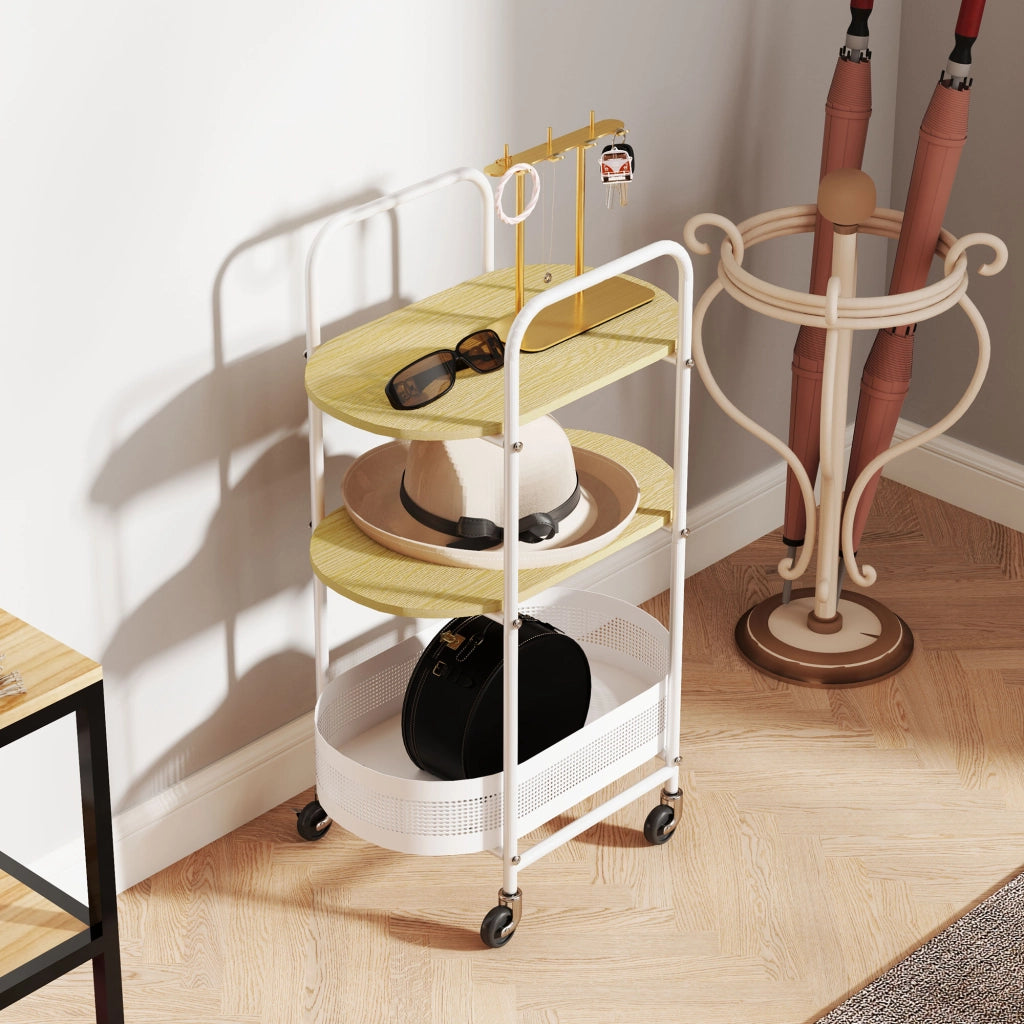 Tavolino con ruote e cestino ¨C zephmum ¨C bianco e legno naturale 49.5x32.5x82.5 cm