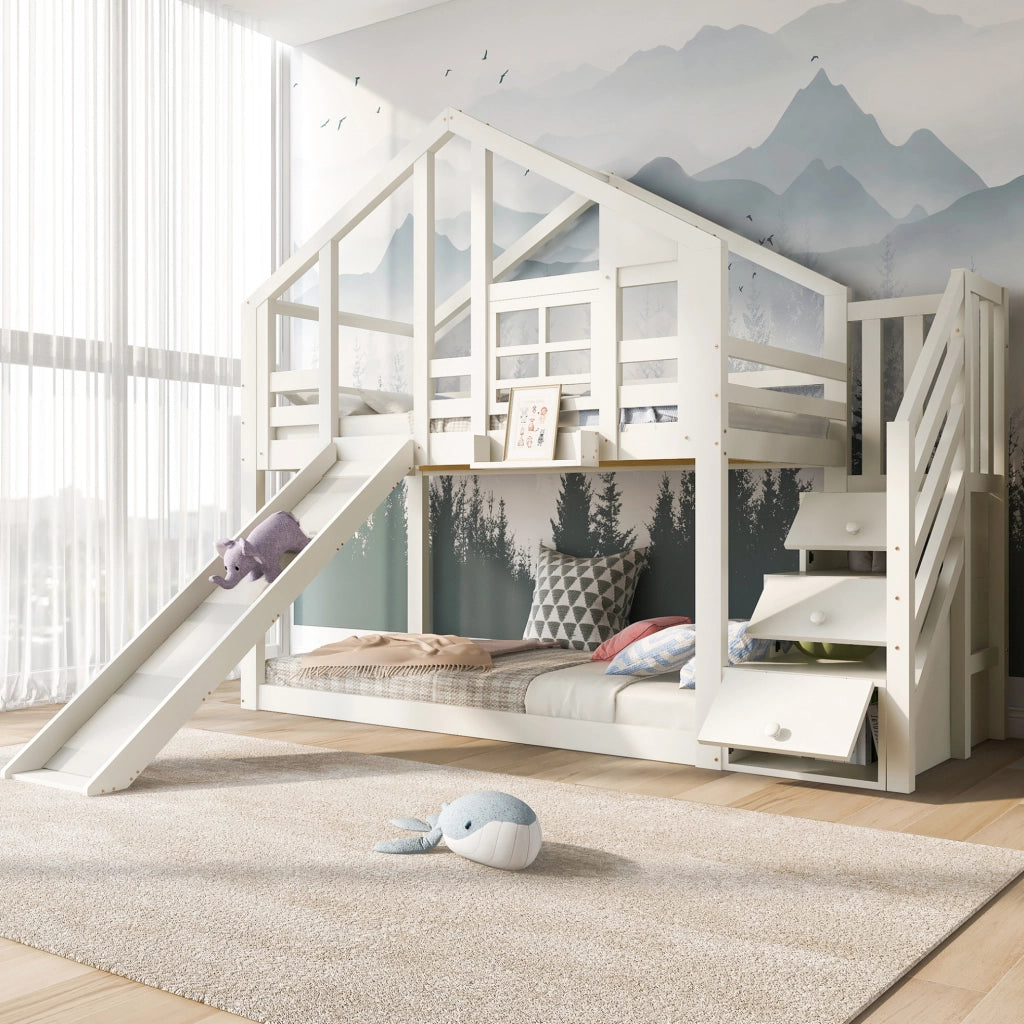 Letto a casetta per bambini 90x200 cm con scivolo e contenitore laterale, bianco