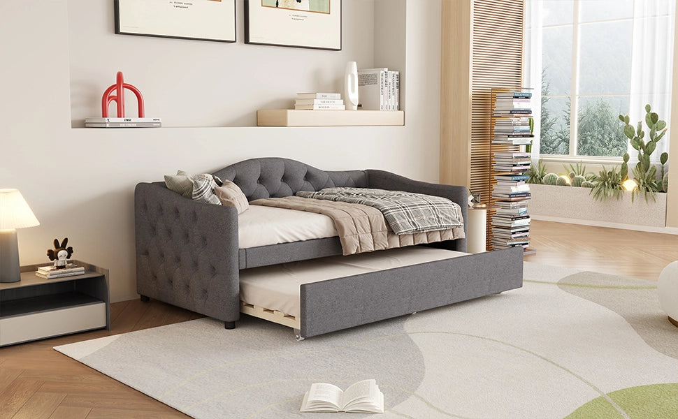 DESMIU Divano letto 90 × 200 cm 1 posto con letto estraibile, senza materasso, in lino, grigio