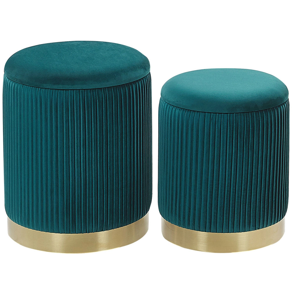 Set di 2 pouf portaoggetti Rivestimento in velluto di poliestere blu turchese Base dorata Design moderno Ciuffo orizzontale Soggiorno pezzo