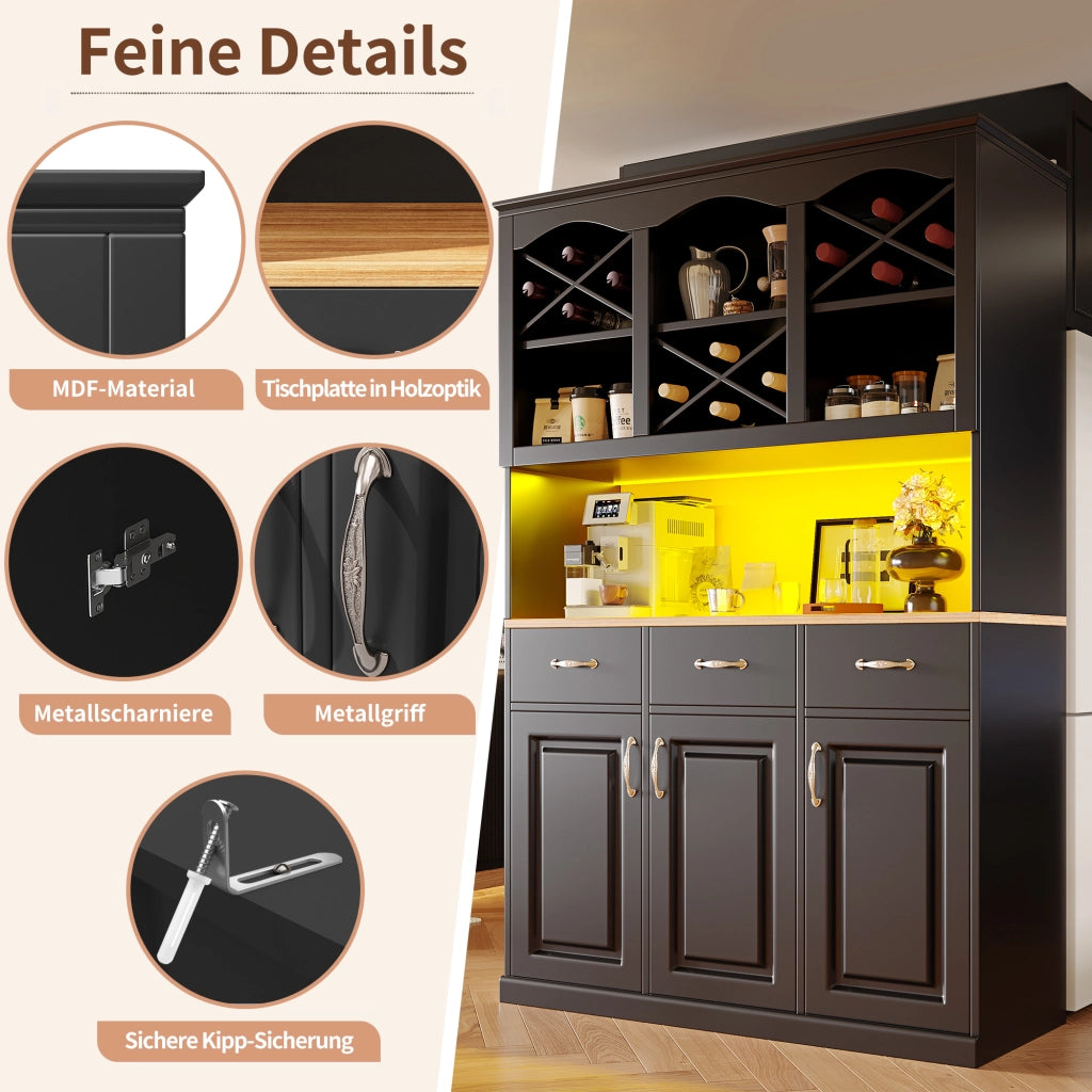 Credenza da Cucina Alta con 3 Ante; 3 Cassetti; Ripiani Regolabili e LED; per Cucina; in MDF; Nero; 120 x 40 x 180 cm
