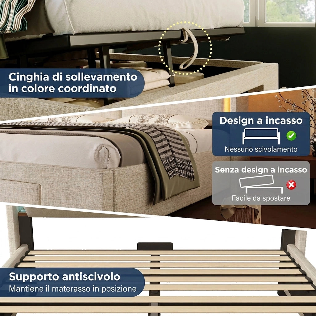 Letto Contenitore 140x200 cm con Vano Portaoggetti; Luci LED e Prese USB; Letto Imbottito in Lino Beige