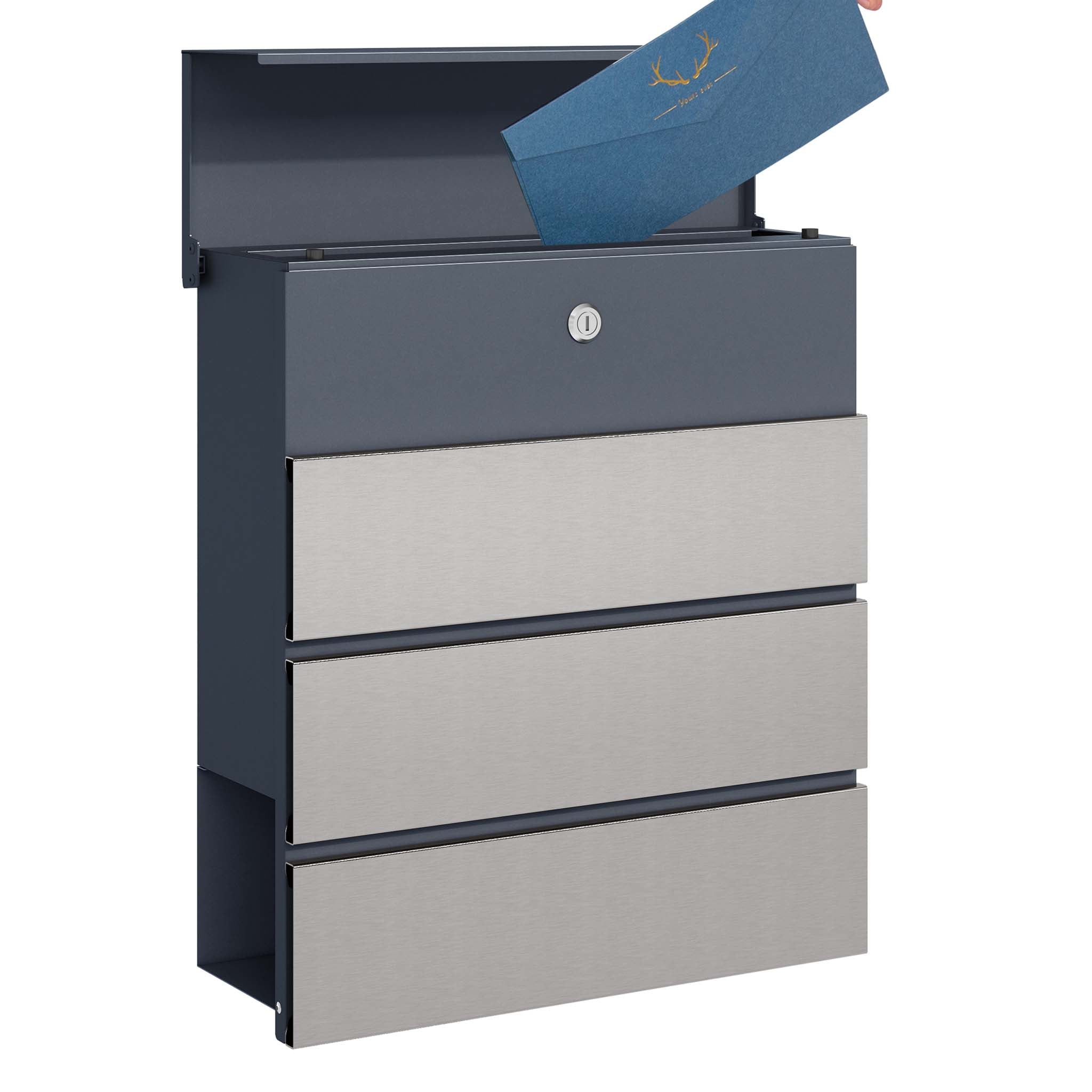 Toboli Cassetta postale con porta giornale, antracite e acciaio inox V64 montaggio a parete