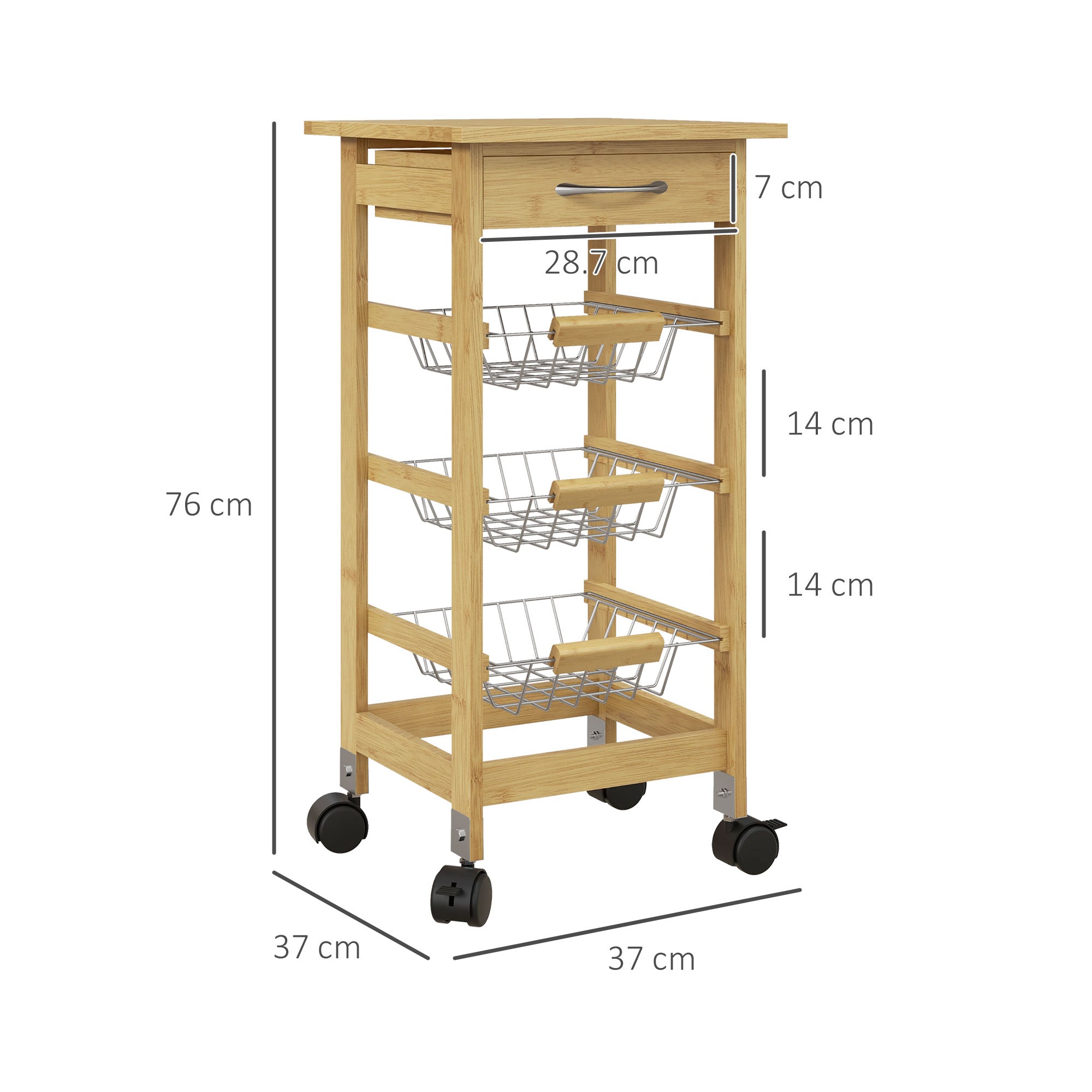 Carrello Cucina con Cassetto e 3 Cestini a Rete Metallica 37x37x76 cm in Legno