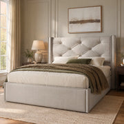 Letto singolo imbottito 90x200 cm con contenitore, rete a doghe sollevabile, grigio chiaro
