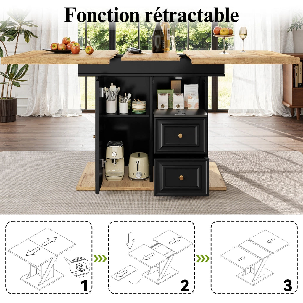 Tavolo allungabile per 6 persone con 1 anta, 2 cassetti e vano contenitore, in MDF e metallo, rovere naturale