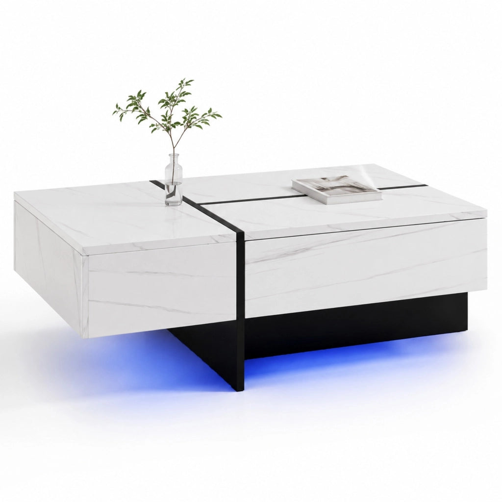 TAVOLINO DA SALOTTO 100x50x34,5 cm Bianco Lucido, 3 cassetti, LED App