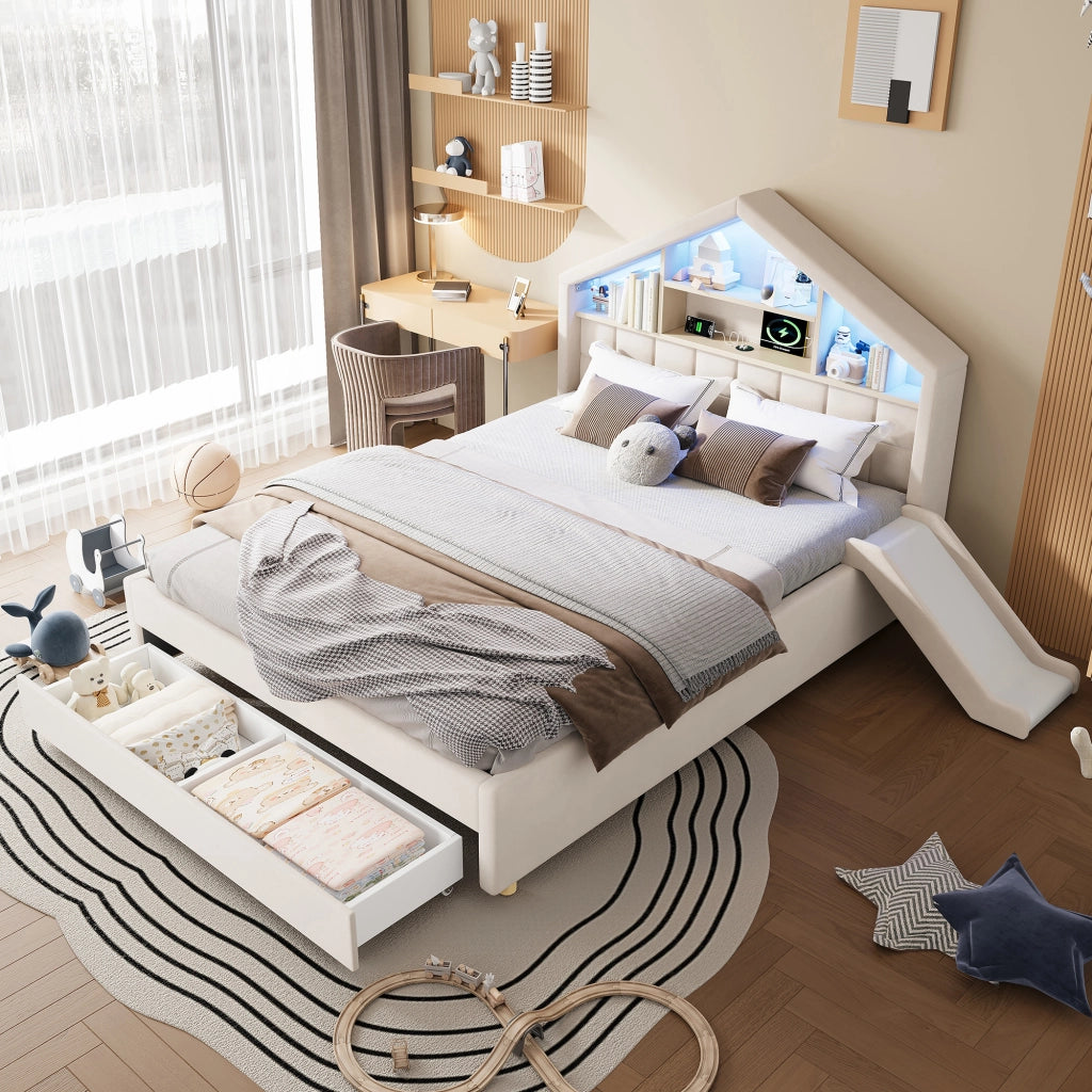 Letto per bambini imbottito con scivolo e LED, 140x200 cm, beige