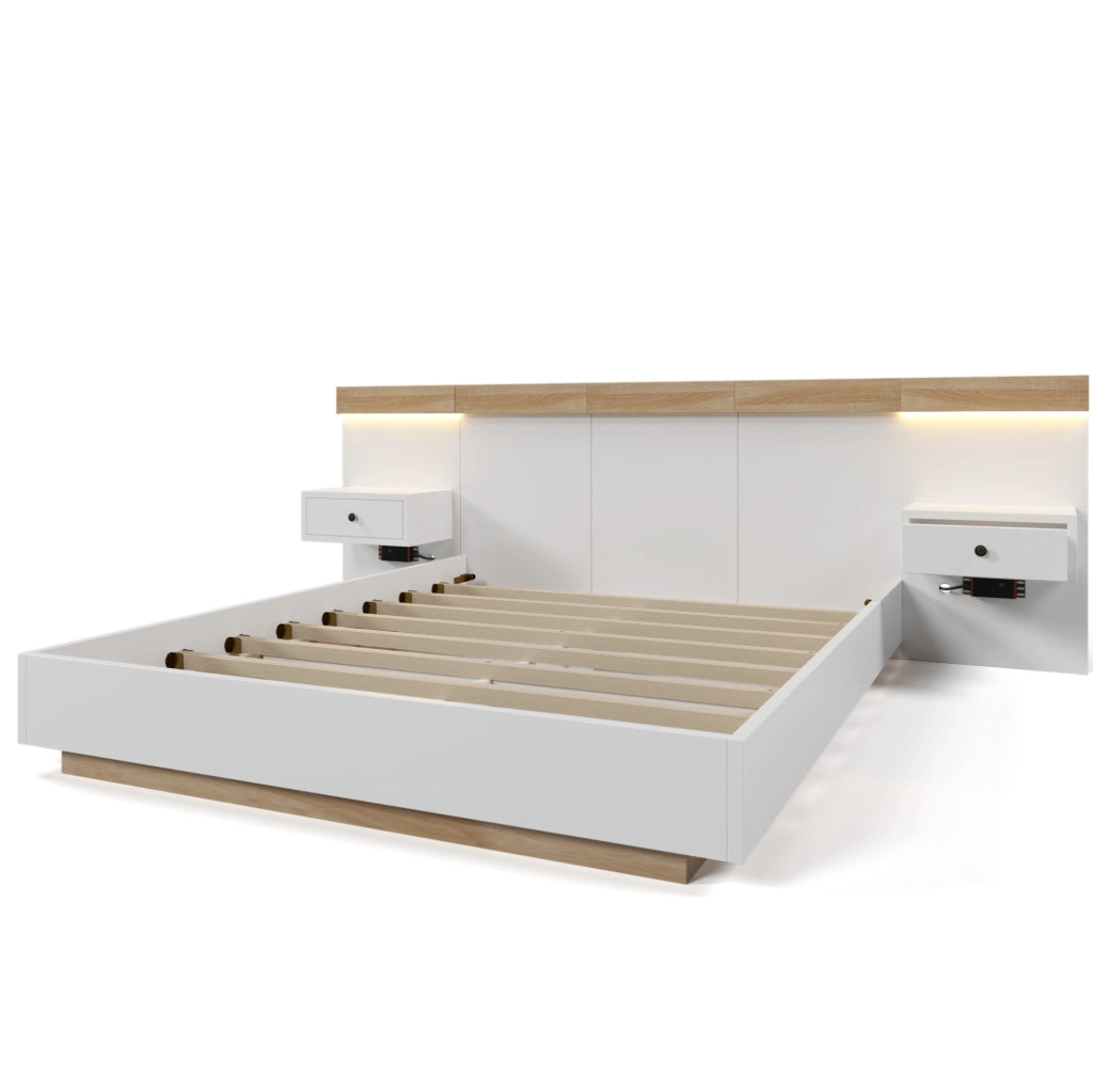Letto matrimoniale con 2 comodini LED e USB/Type-C; 180x200 cm; bianco e rovere