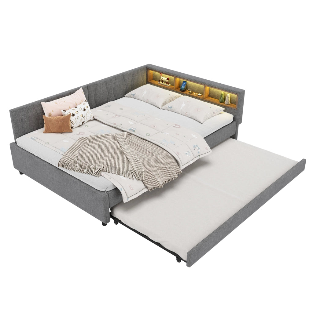 Letto da giorno estraibile 140x200 cm grigio con LED e USB