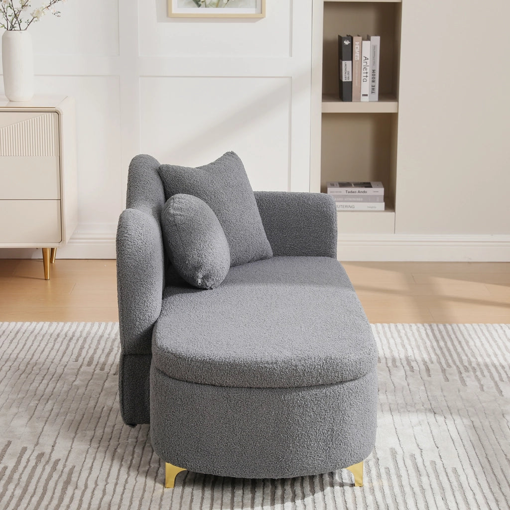 Chaise longue con vano contenitore, schienale ondulato e cuscini, in tessuto effetto teddy e metallo grigio antico