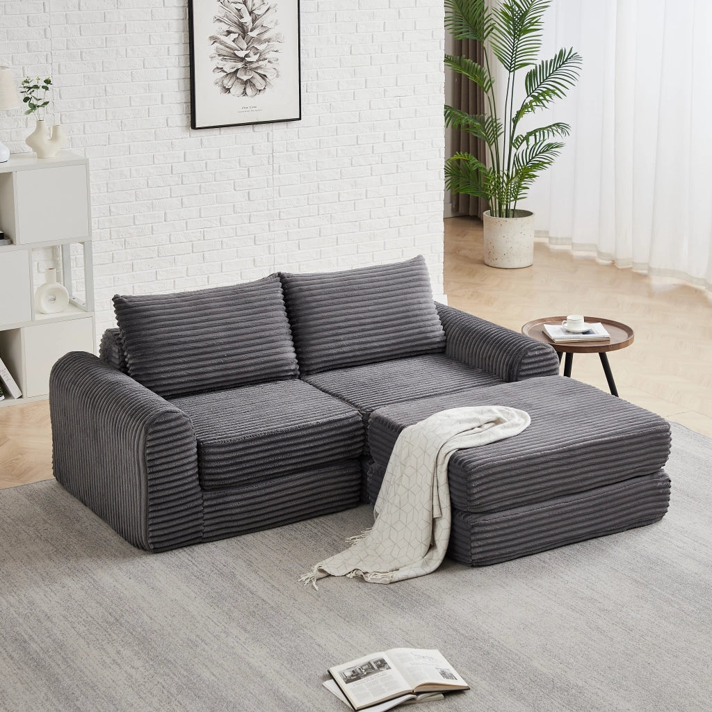Divano Letto Modulare con Pouf e Cuscini in Velluto a Coste ¨C MINIMAL ¨C Beige