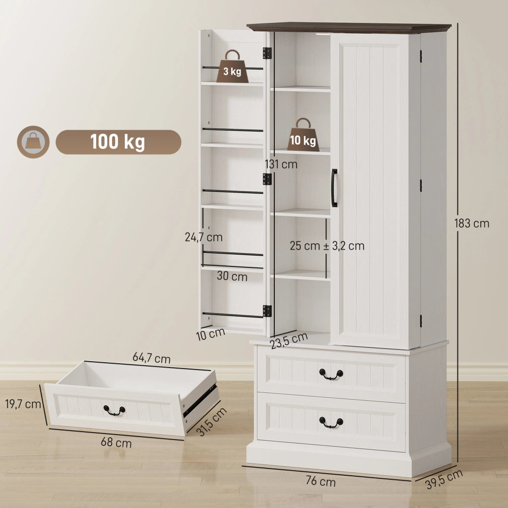 Armadio da cucina ¨C zephmum ¨C 2 ante, cassetti, ripiani regolabili, LED, 76x39.5x183cm, bianco