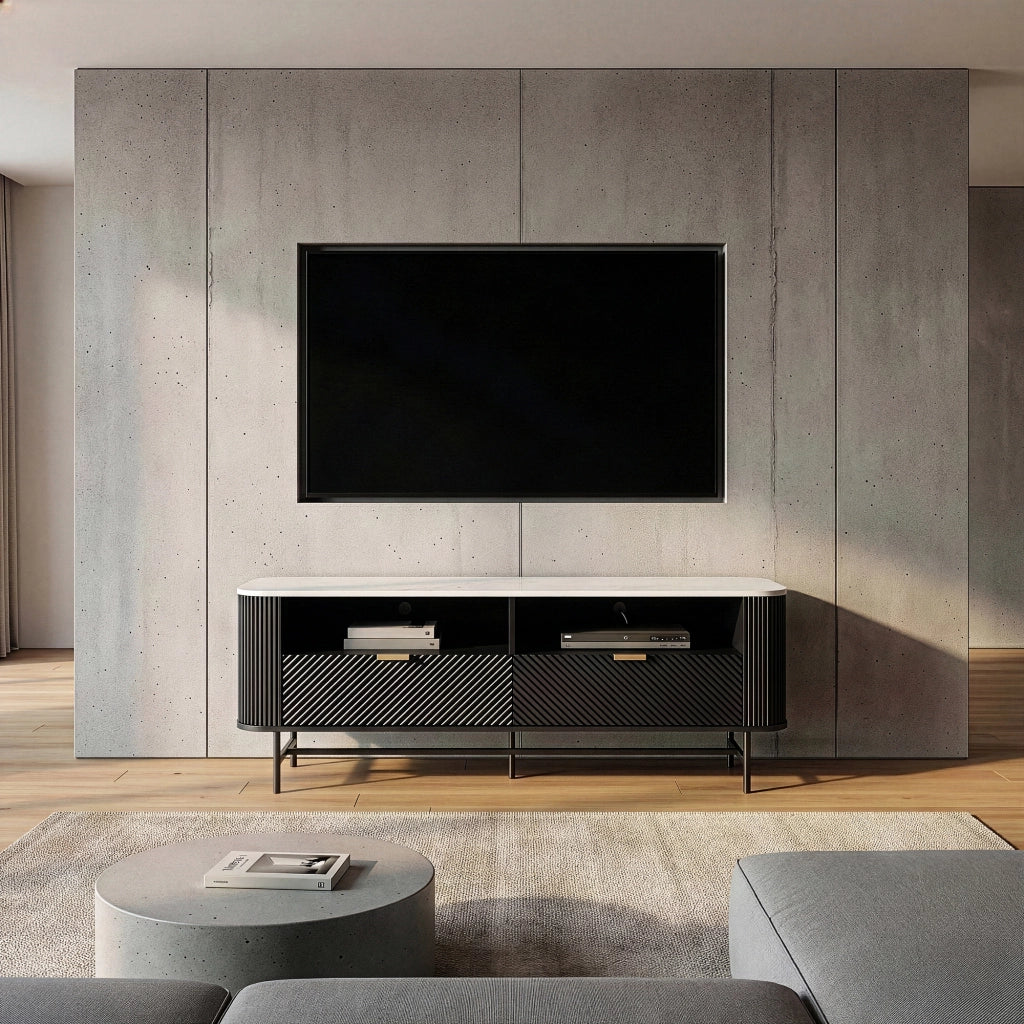 Mobile Porta TV Olvehok con Cassetti e Scomparti Aperti 140x40x55cm Nero / Effetto Marmo Bianco [en.casa]