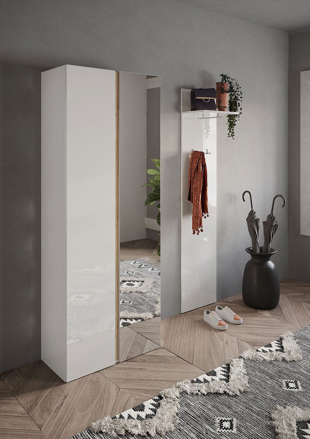 Armadio Guardaroba con Anta a Specchio e Ripiani 70x35x185 cm Frame Bianco Lucido e Cadiz