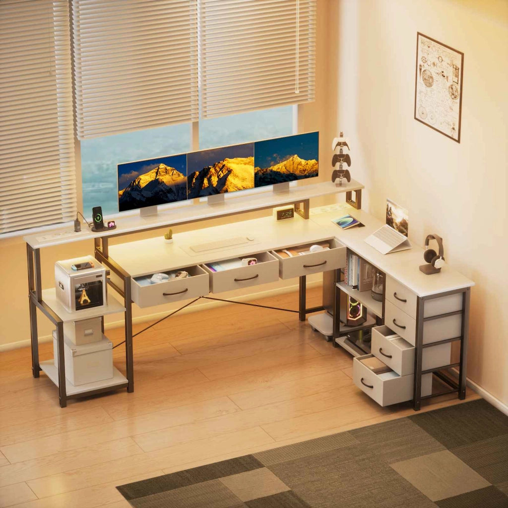 Scrivania per computer a L, scrivania da gaming, con cassetti, prese di corrente integrate, luci d'atmosfera, nera