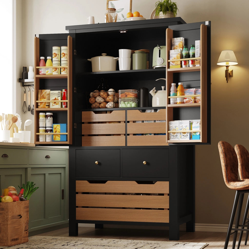Mobile alto da cucina ULEVR 80x40x140 cm con 2 ante, 5 cassetti e 2 ripiani, nero