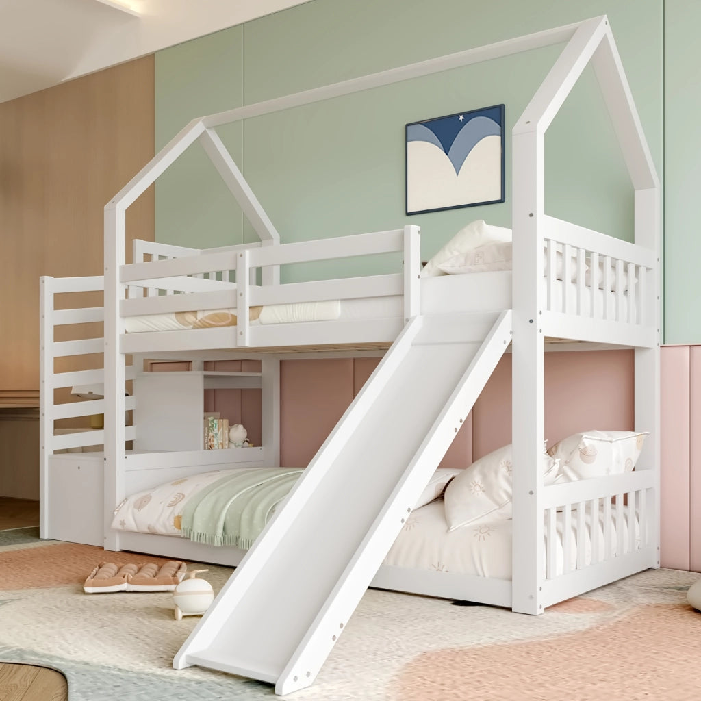 Letto a castello con scivolo e scala portaoggetti in pino 90x200 cm