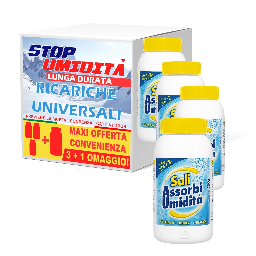 4 x 750gr Ricarica in Sali Assorbiumidità Inodore, Deumidificatore casa muffa, Assorbono Efficacemente l'Eccesso di Umidità senza l'elettricità - Neutralizzatore di Odori