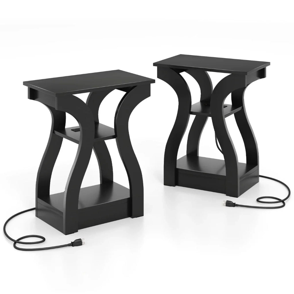Set di 2 tavolini laterali a tre livelli 50 x 30 x 60,5 cm con stazione di ricarica integrata stile moderno legno ingegnerizzato nero 20_0012493