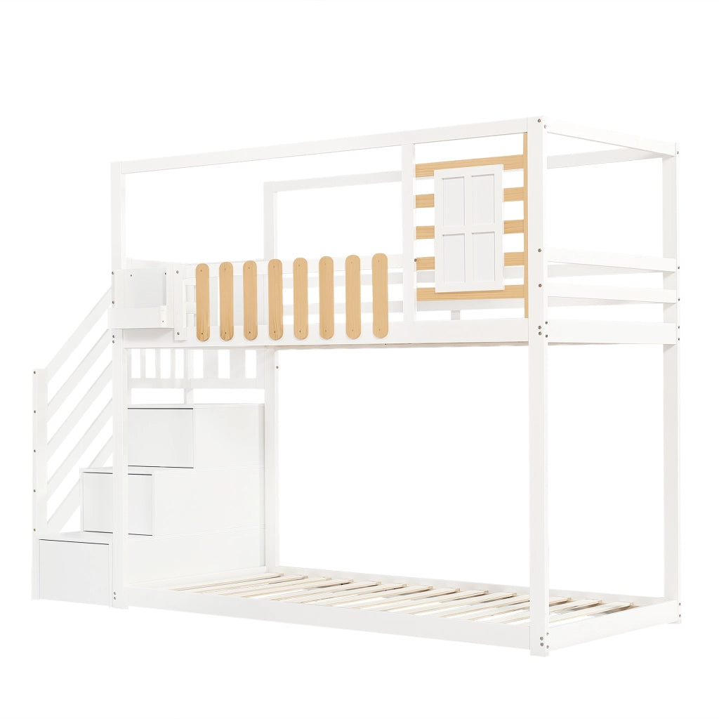 OKWISH Letto a Castello 90×200 cm, Letto Singolo con Scala, 3 Scomparti e Finestra, senza Materasso, in Legno, Bianco e Naturale