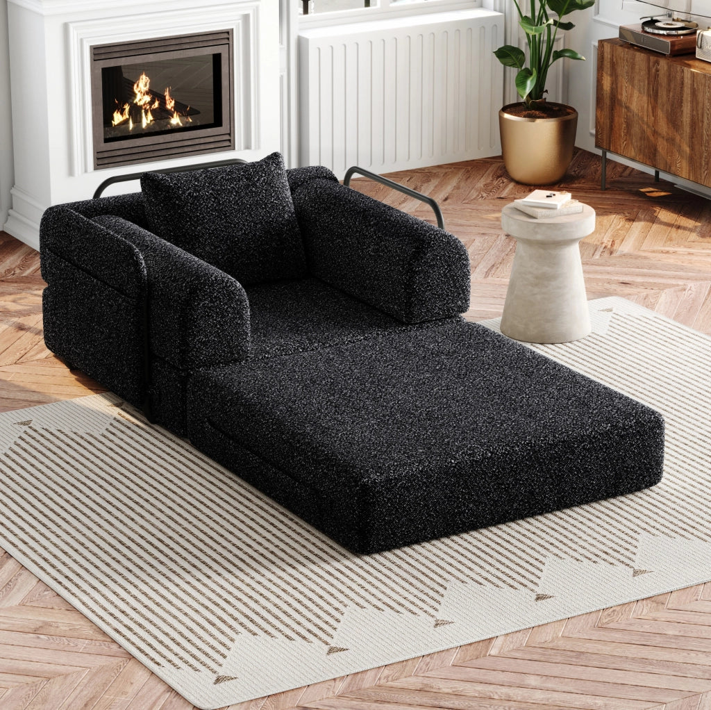 Divano letto 2 in 1 con vano portaoggetti nel bracciolo; struttura in acciaio; chenille nero