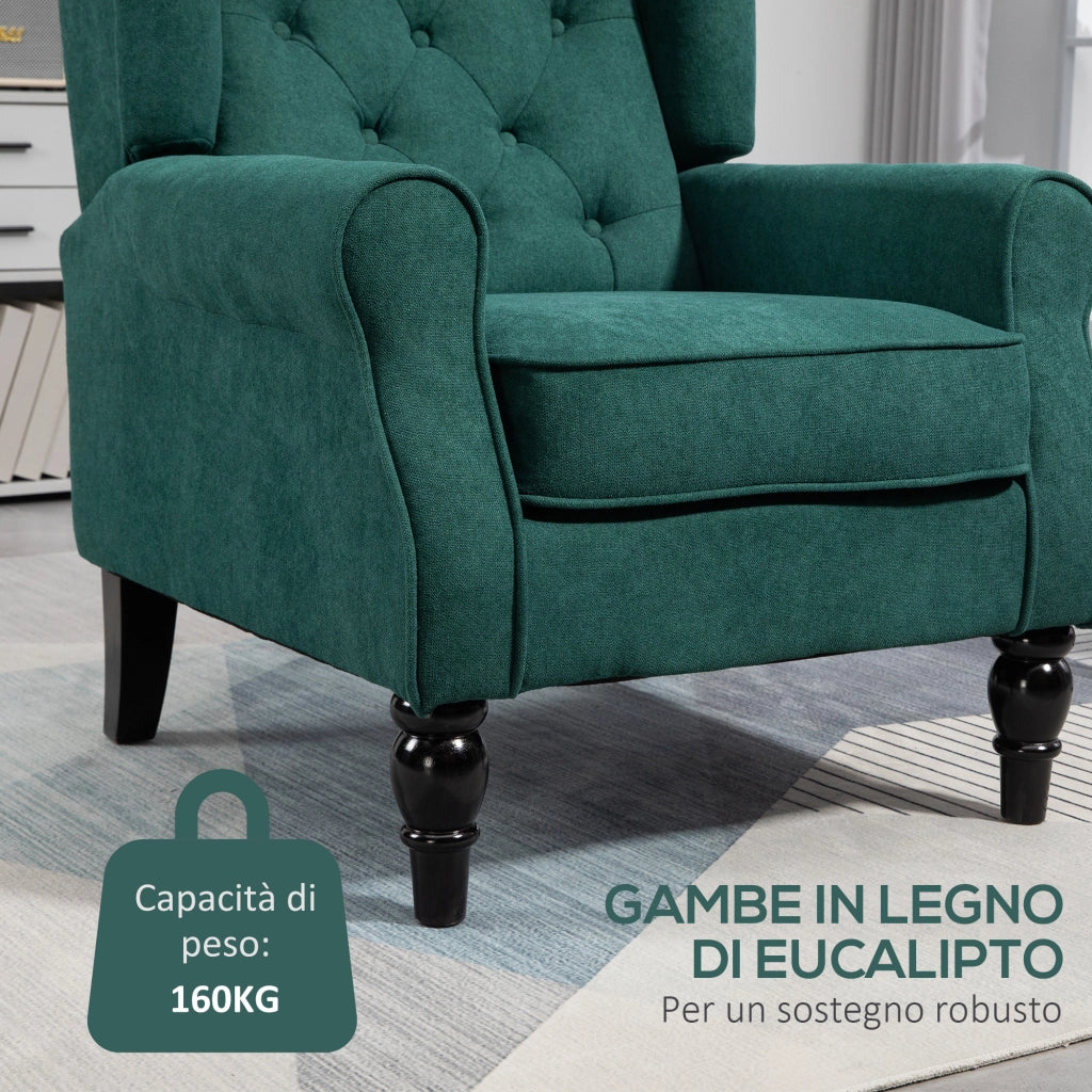 Poltrona per Salotto in Stile Francese 74x86x102 cm Rivestimento Effetto Lino Verde Scuro