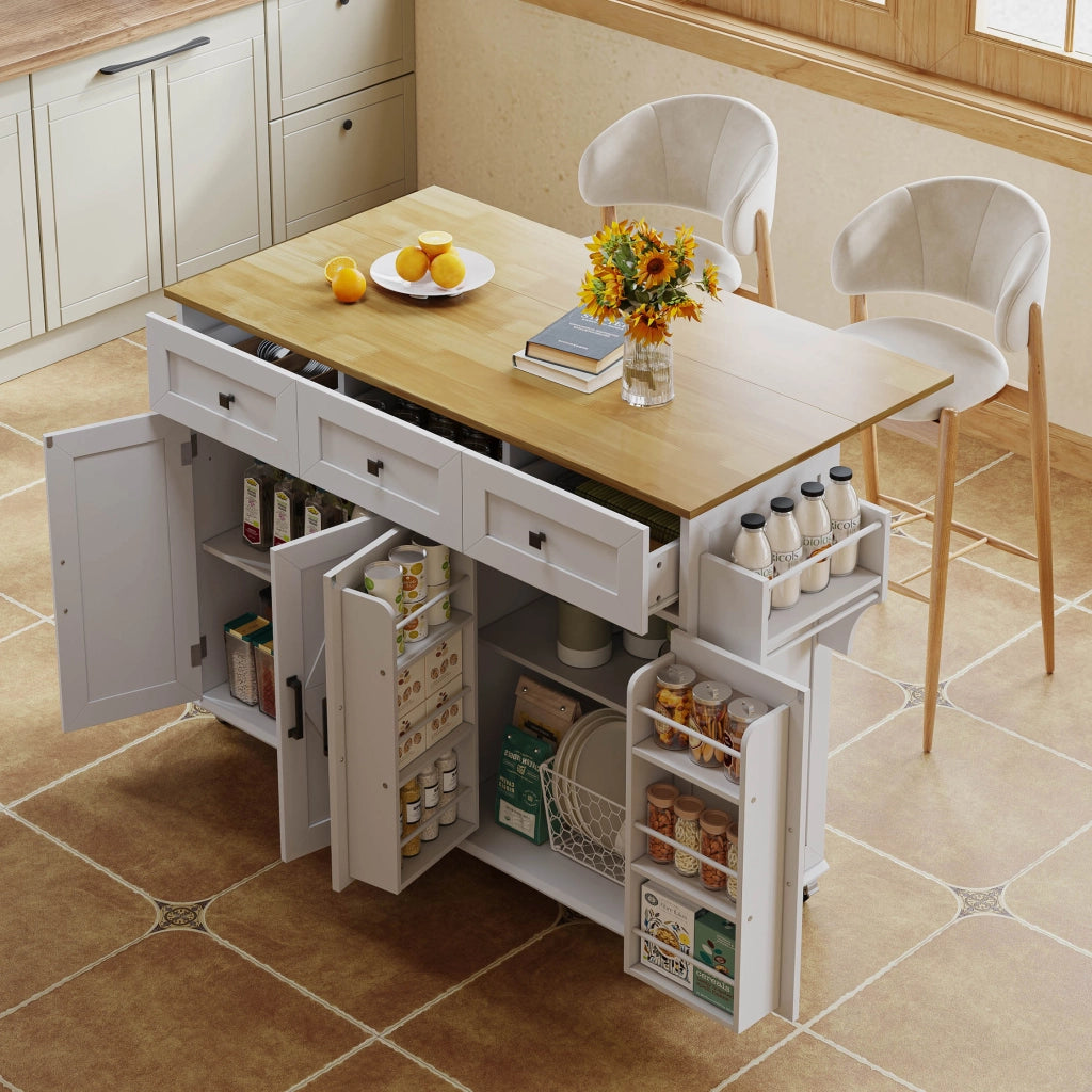 Carrello da Cucina con 4 Ante 3 Cassetti Piano Ribaltabile Portasciugamani e 5 Ruote con Freno; MDF; Bianco Naturale