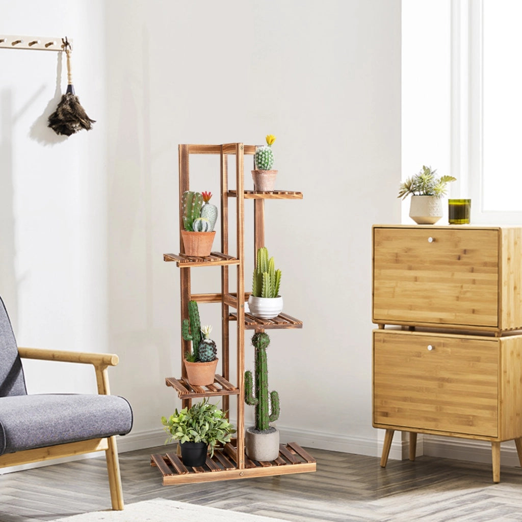 Porta piante di legno con 5 livelli per interno ed esterno-Scaffale multiuso angolare per piante per 6 vasi