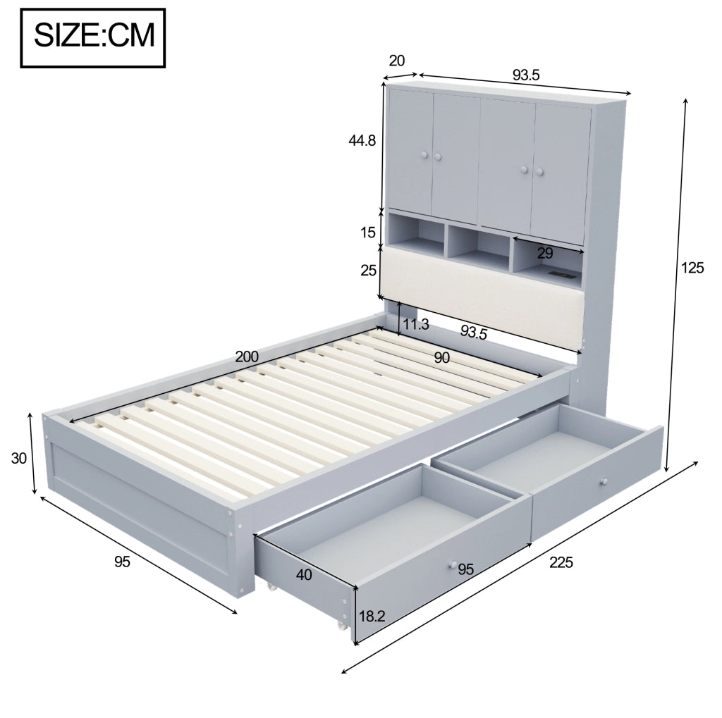 Letto singolo multifunzione 90x200 cm grigio con LED e cassetti