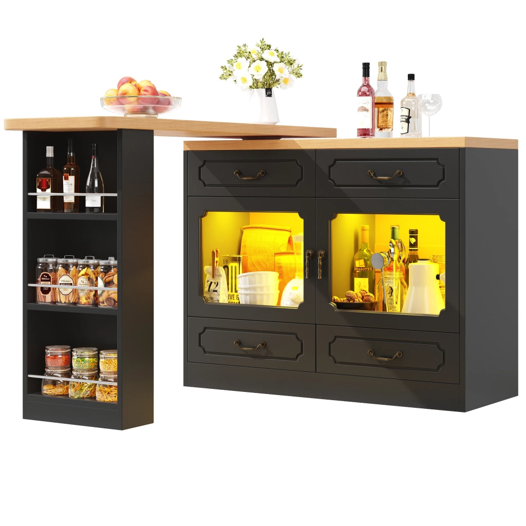 Tavolo Bar Estensibile con 4 Cassetti; Rotazione a 360° e LED; Cucina Sala da Pranzo; 135-203 x 39 x 92.8 cm