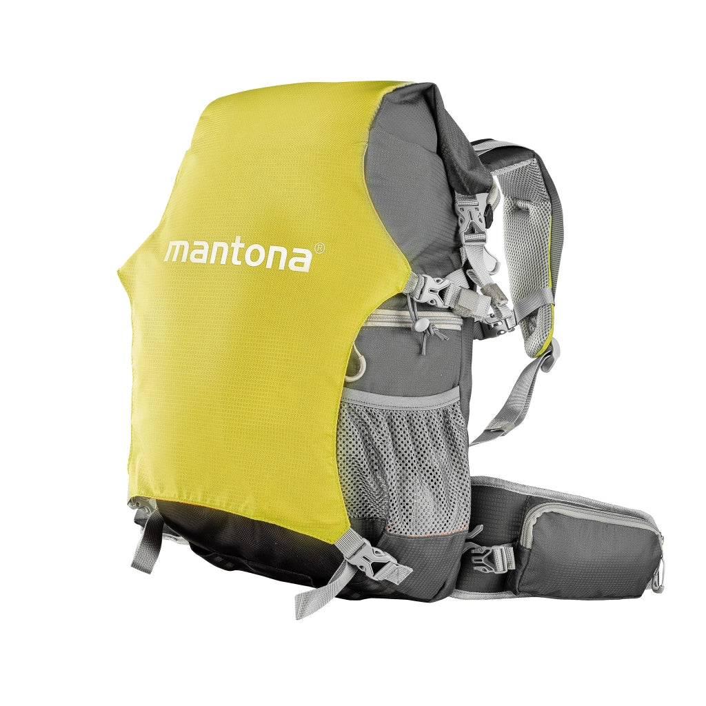 Zaino per fotocamera Mantona elementsPro 30 V2 - zaino per esterni con sistema di trasporto ergonomico, imbottitura traspirante, supporto per treppiede e copertura antipioggia, ideale per fotocamere DSLR e di sistema, verde