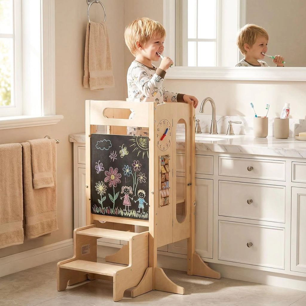 Torre Montessoriana Pieghevole per Bambini, Sgabello da Cucina in Legno con 2 Scalini e Rete Sicurezza, Torre di Apprendimento Montessoriana con Lavagna e Giochi Sensoriali per Bambini 3+ Anni