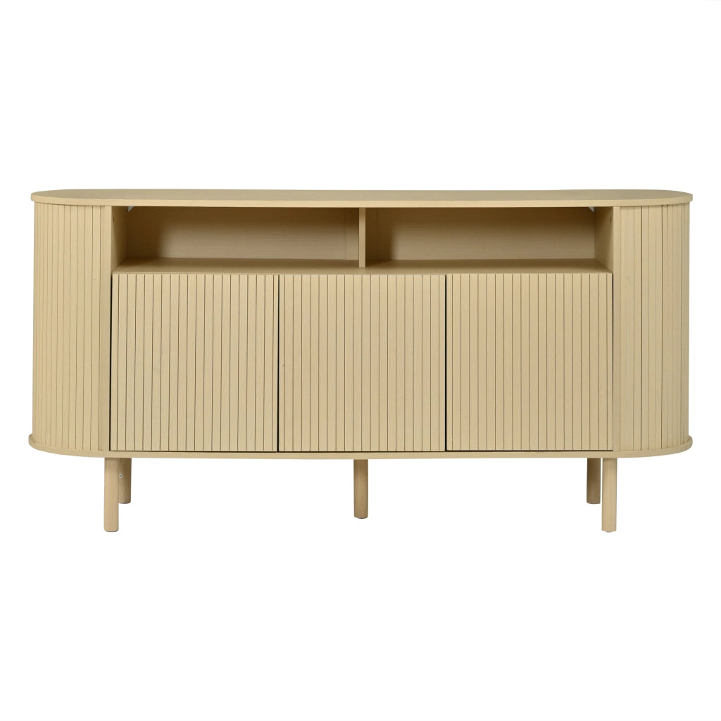 Credenza Sideboard 160 cm con 3 ante a onde, 2 vani aperti, struttura in truciolare e gambe in legno massello