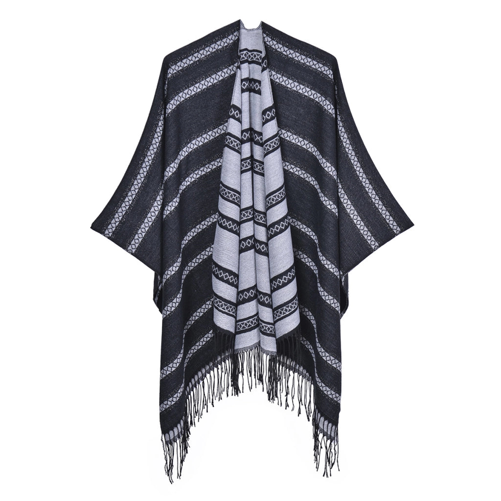 Sciarpa/mantella da donna con nappe, in cashmere spesso, reversibile, alla moda